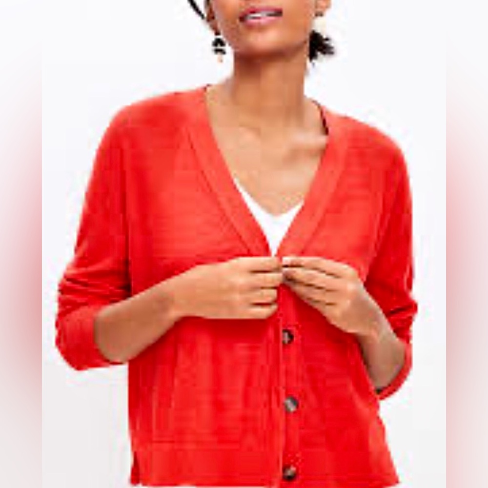 Loft Red Cardigan Sweater Lightweight Wool Blend Button Front Size Small